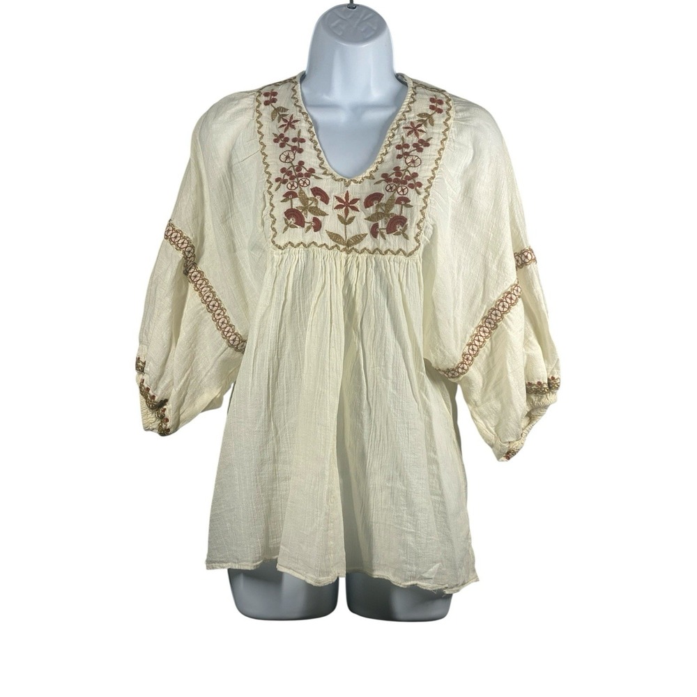 Max Studio Women's 3/4 Bubble Sleeve Embroidered Boho Peasant Blouse Size Small